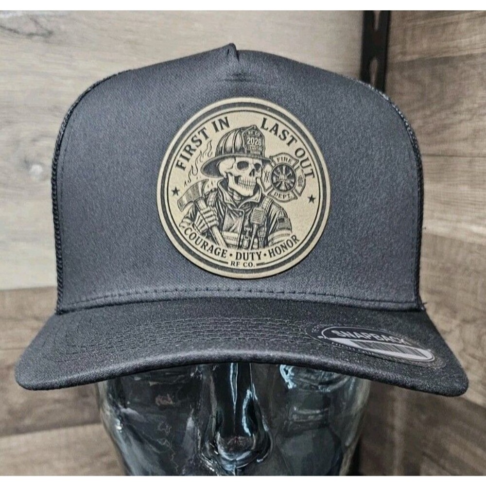 Firefighter Skull Leather Patch Hat RF CO. First In Last Out 5 Panel Snapback